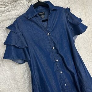 Ruffle sleeve Dark Denim Shirt Dress High Low a-lime twirl bling‎ buttons M